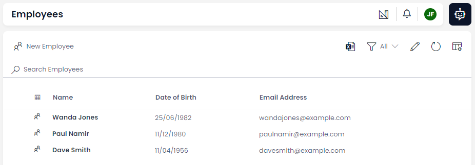 A screenshot that provides an example table as described above. It is titled &quot;Employees&quot; and contains three columns: Name, DOB, and Email. The table contains some example data, where a fake name, DOB, and Email have been filled in.